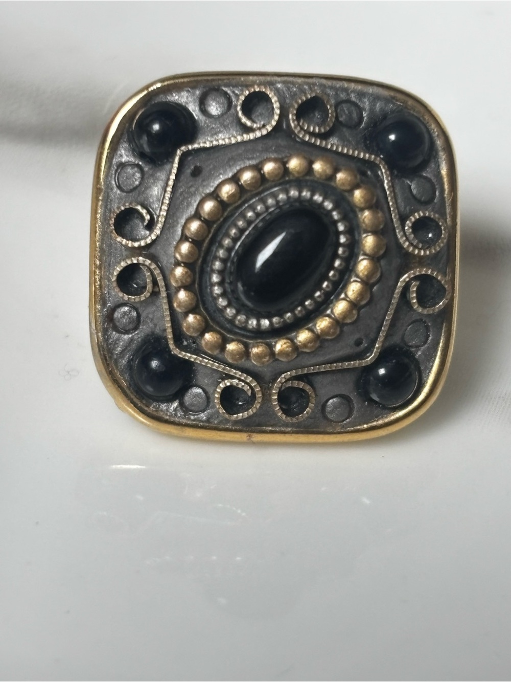 vintage Michal Golan square gold-plated brooch bezel-set oval black onyx cabocho